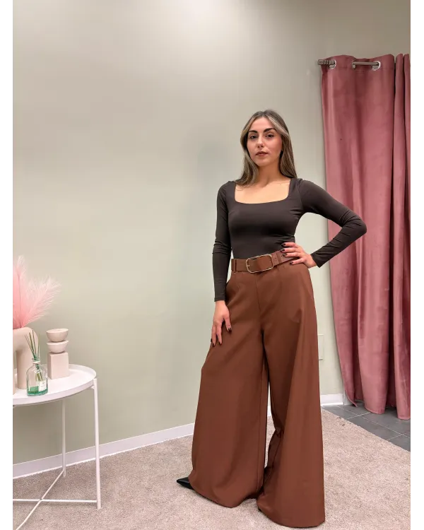 Pantalone Palazzo Marrone Donna a Vita Alta | AP17