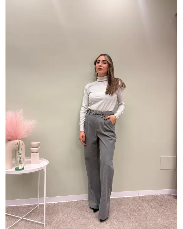 Pantalone Palazzo Grigio Vita Alta con Cintura Gioiello Donna | AP17