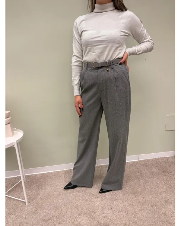 Pantalone Palazzo Grigio a Vita Alta con Cintura