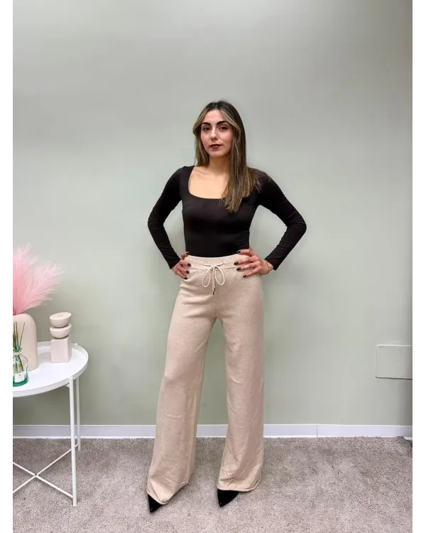 Pantalone Palazzo Beige in Maglia con Coulisse Donna | AP17