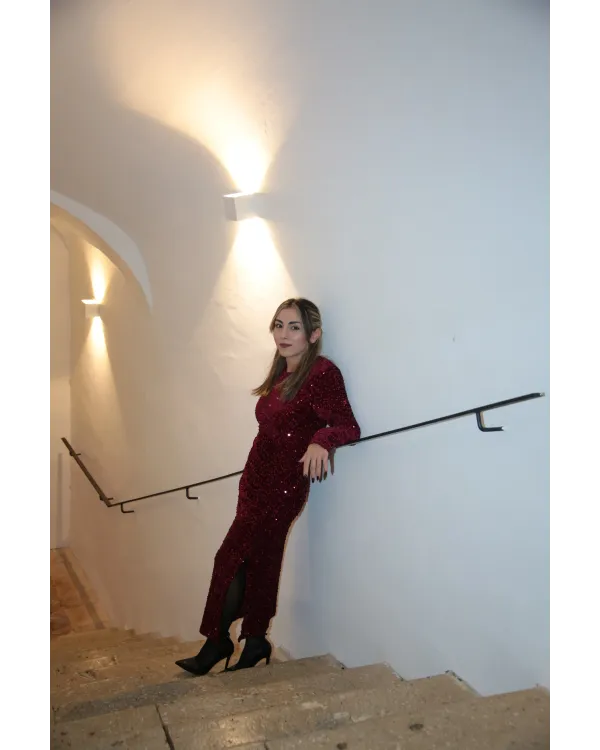 Abito Lungo Paillettes Bordeaux AP17 | Vestito Elegante da Sera