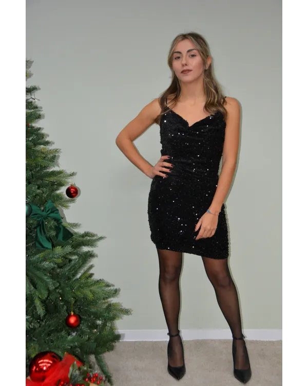 Abito Corto Paillettes Nero Scollo a Cappuccio | Collezione Party ap17