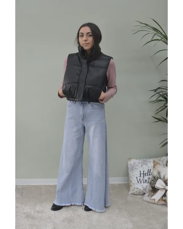 Gilet Cropped in Ecopelle Nera