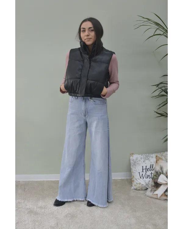 Gilet Cropped in Ecopelle Nera