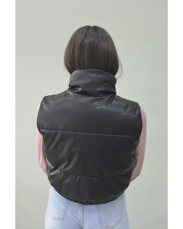 Gilet Cropped in Ecopelle Nera